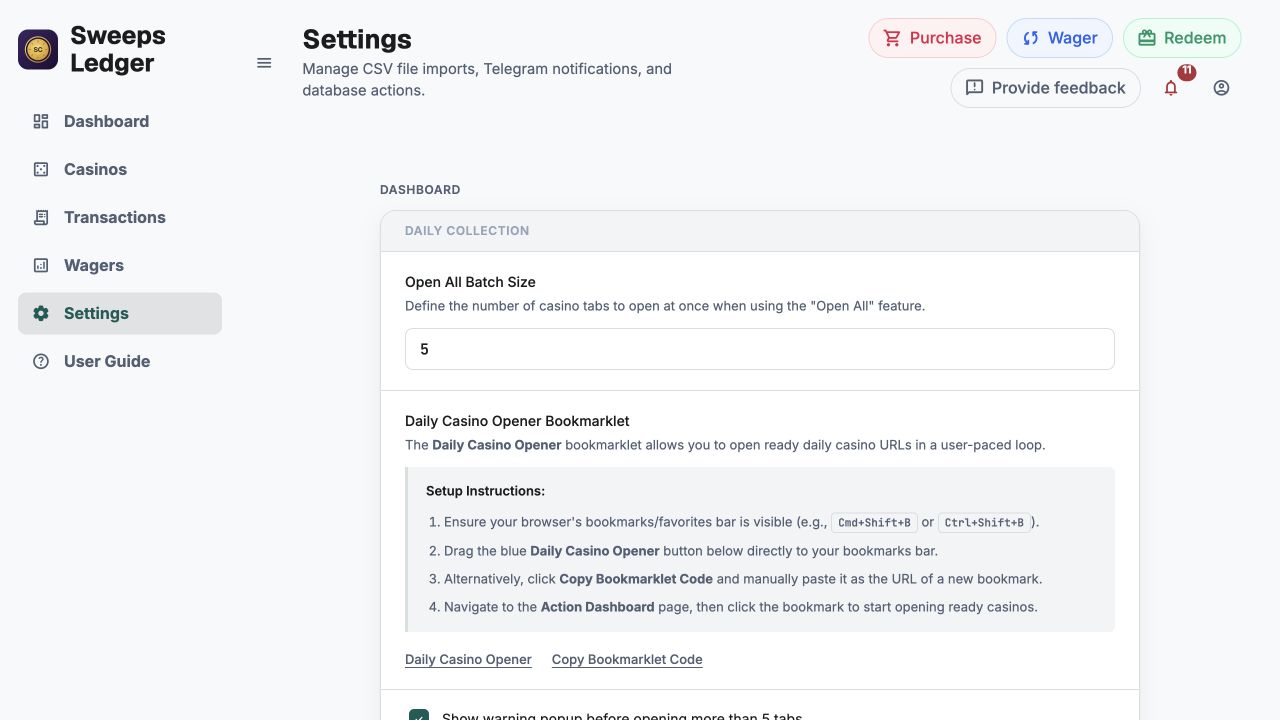 Dashboard collection settings showing the batch size and Daily Casino Opener bookmarklet setup.