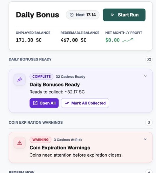 Clipped Dashboard main column showing the Daily Bonus card and action cards directly below it.