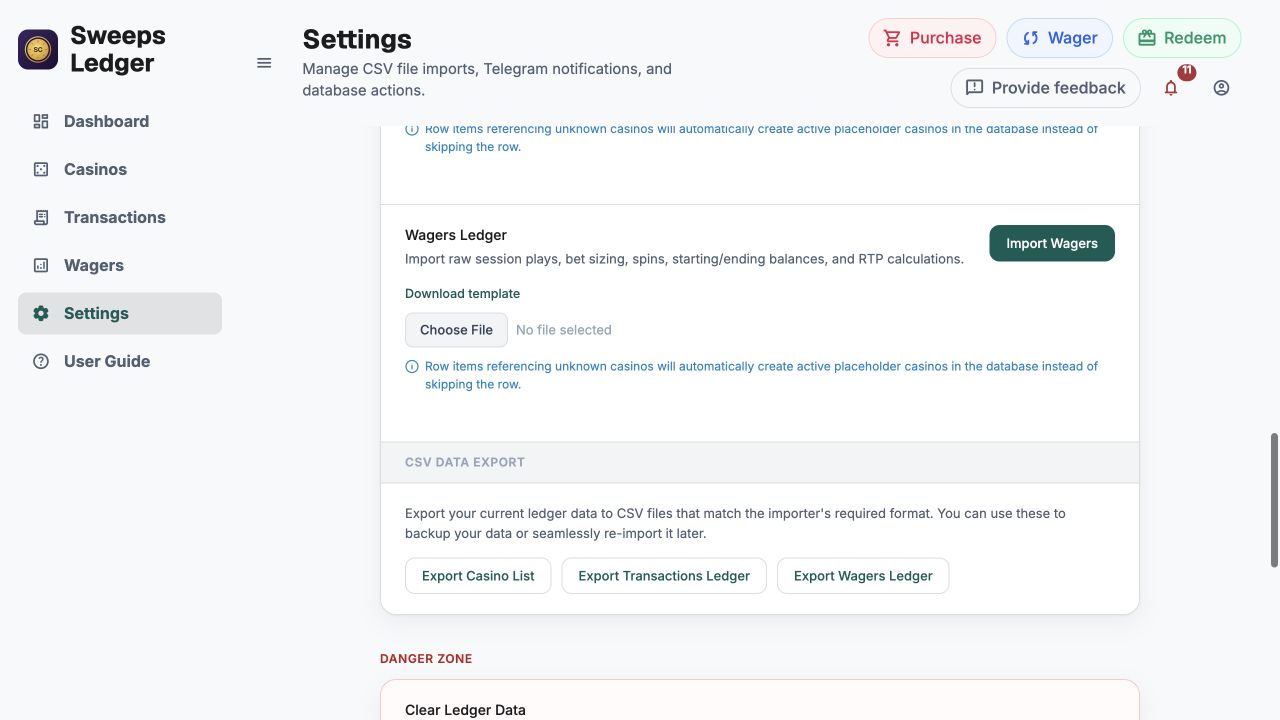 Import and Export settings showing CSV upload rows, template links, and export buttons.