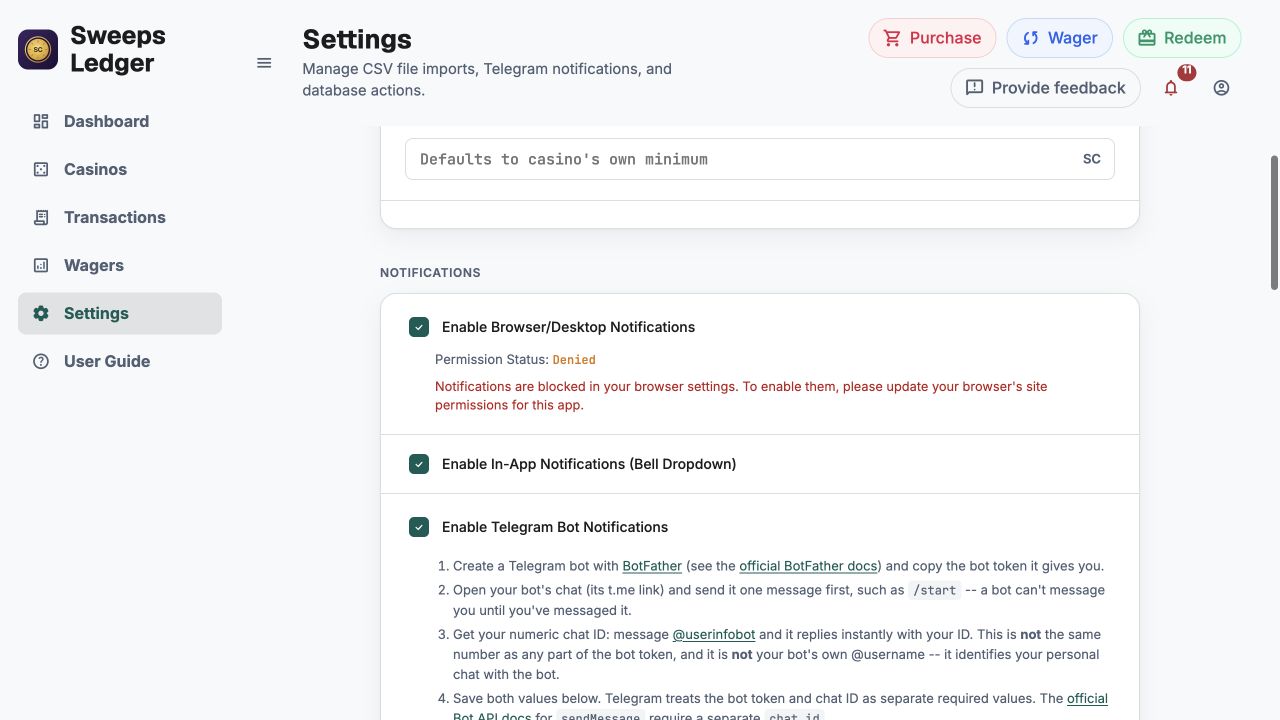 Notification settings showing browser, in-app, and Telegram notification choices.