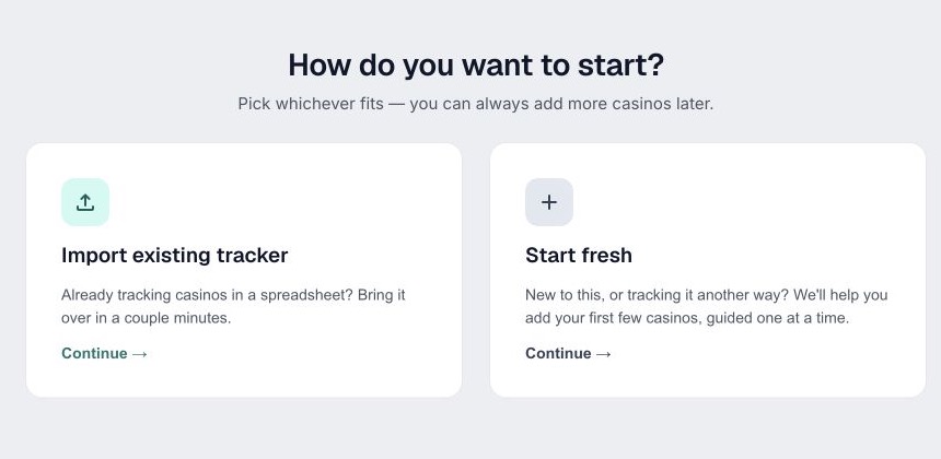 Onboarding choice screen with Import existing tracker and Start fresh options.