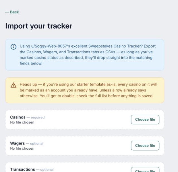 Onboarding import screen with required Casinos CSV and optional Wagers and Transactions CSV controls.