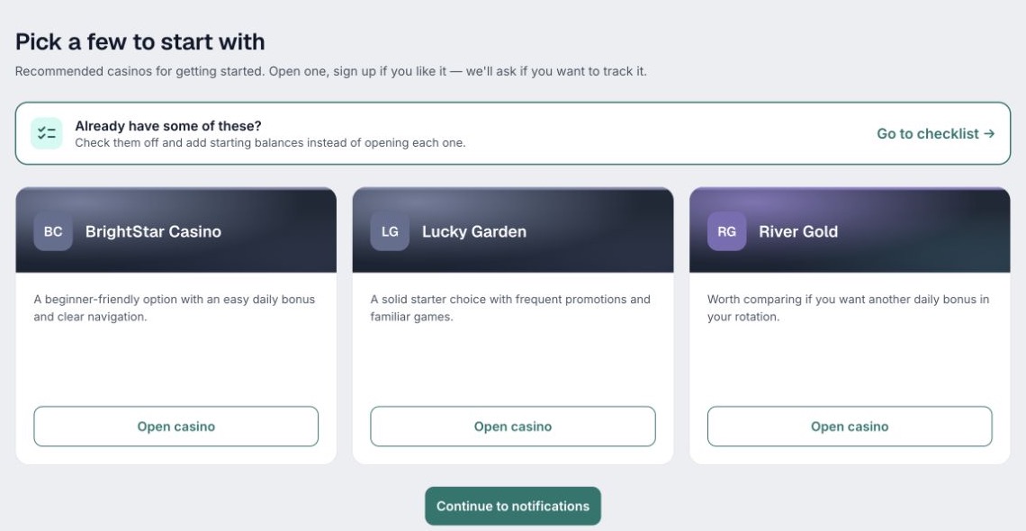 Start-fresh onboarding showing three recommended casino cards and the existing-account checklist link.