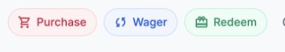 The Purchase, Wager, and Redeem quick-action buttons from the top of the app.