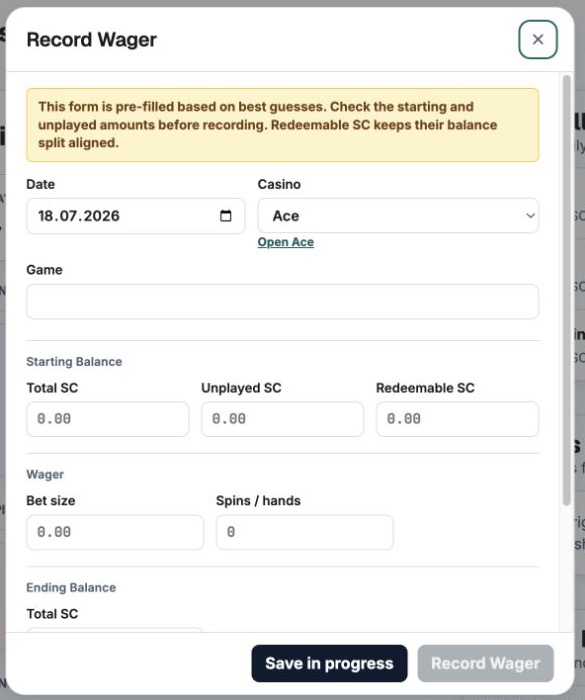 Record Wager dialog showing casino, game, starting balances, bet size, spins or hands, and ending balance sections.